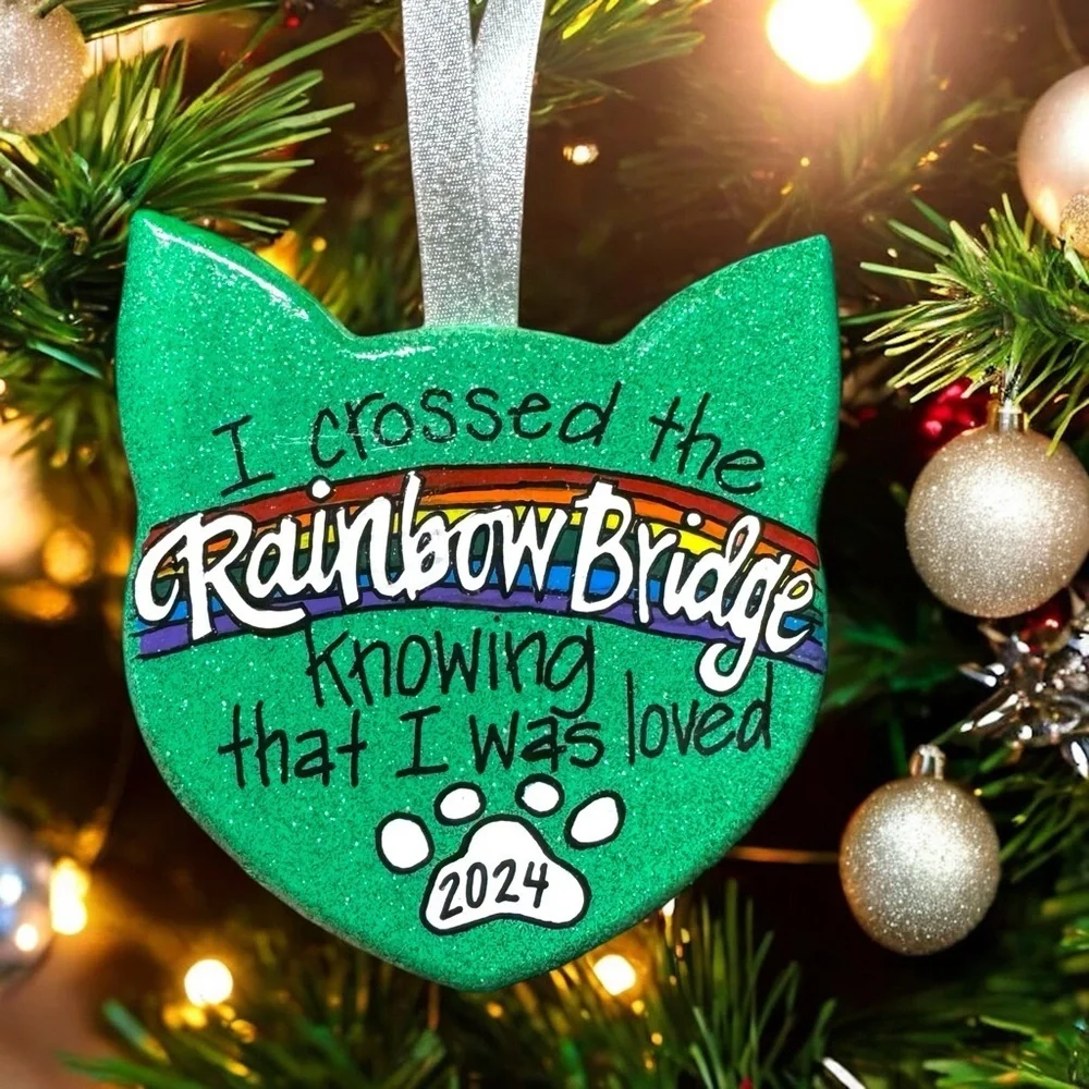 Purr-fect Tribute: Custom Hand-painted Rainbow Bridge Cat Ornament, Personalized